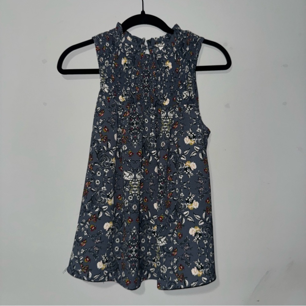 Floral Smocked High Neck Sleeveless Blouse Navy Blue Ruffle  Top‎ Size S